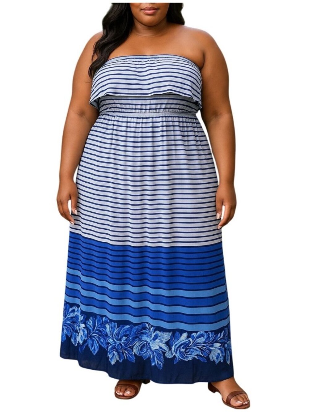 Heart Soul Plus Size XL Maxi Dress Ruffle Strapless Striped Floral Blue White